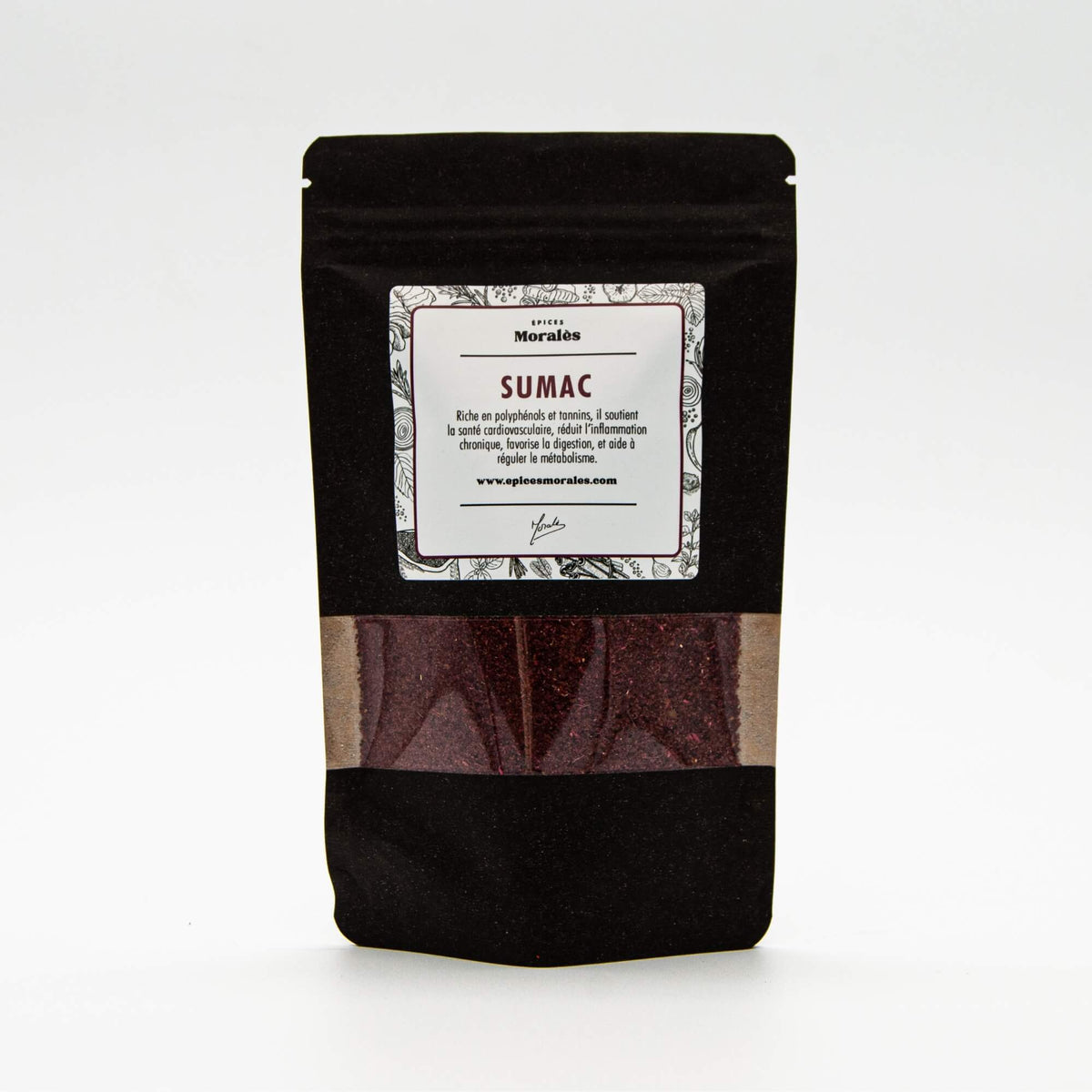 Recharge de sumac Épices Moralès en sachet kraft noir refermable, épice orientale au goût citronné et fruité.